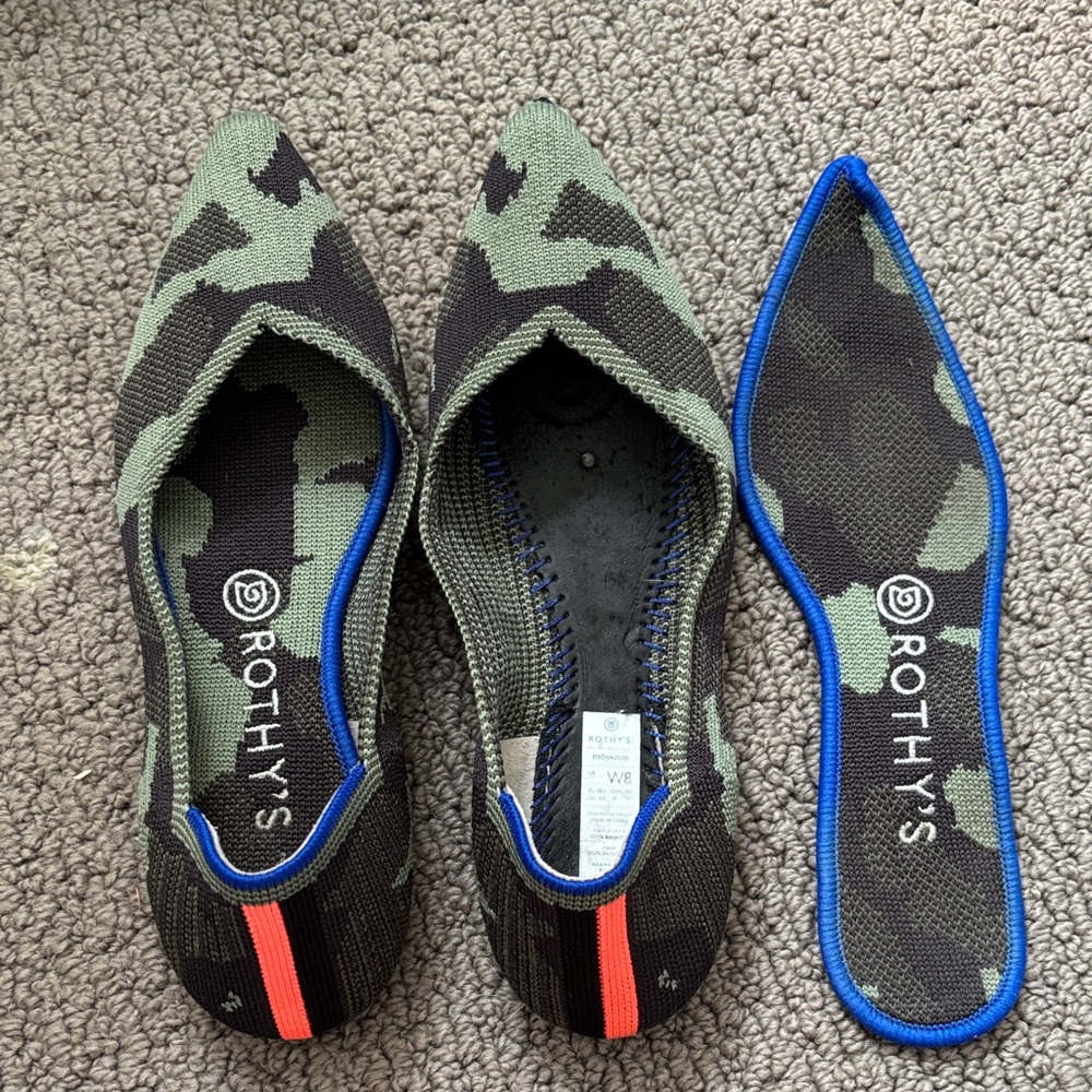 Rothy's Green and Black Camouflage Flats with Blue Edge